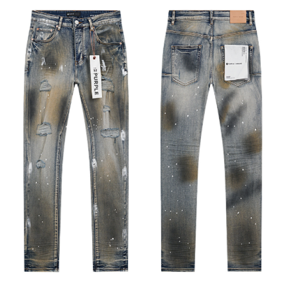 Light Blue Washed Slim Denim Jeans with Brown Gradient, Paint Splatter and Multi-Rip Distressing